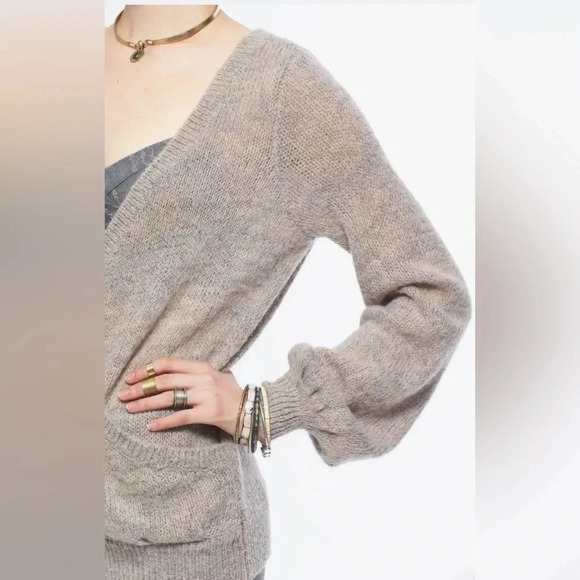 Free People 'Karina' Slouchy Faux Wrap Front Puff Sleeves Sweater Oversized - Picture 3 of 13